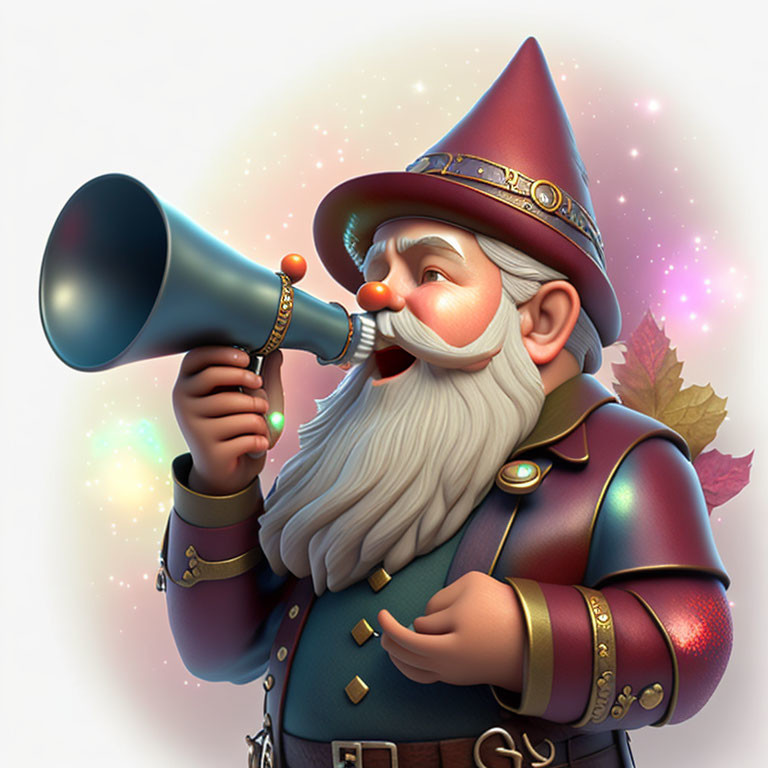 Whimsical gnome character with white beard and megaphone in colorful leaf-themed outfit