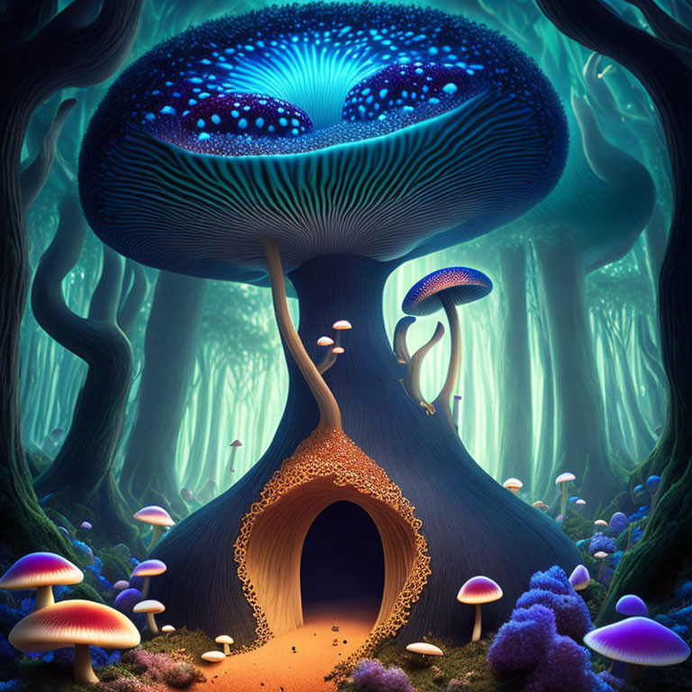 Vibrant bioluminescent forest with glowing mushrooms and trees