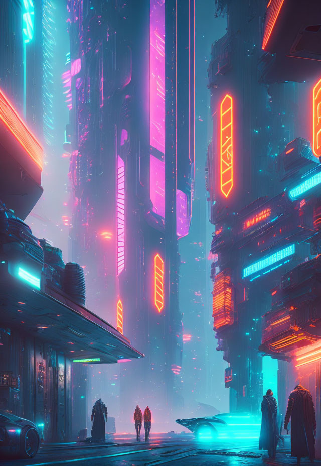 Futuristic neon-lit cityscape with skyscrapers, vehicle, and silhouetted