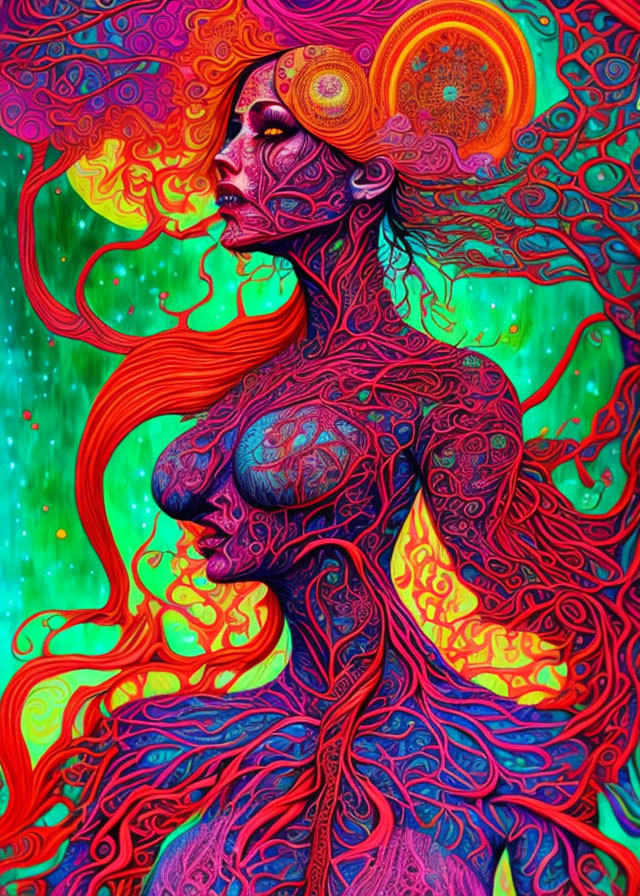 Colorful Psychedelic Female Figure with Flowing Hair in Red, Blue, and Yellow