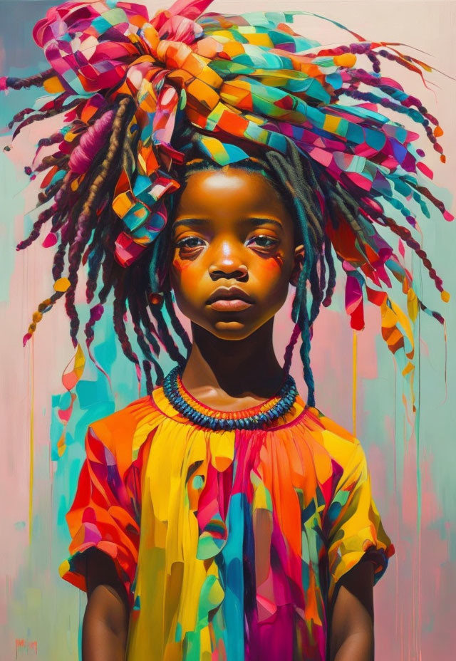 Vibrant painting of young girl with colorful ribbon-like hair