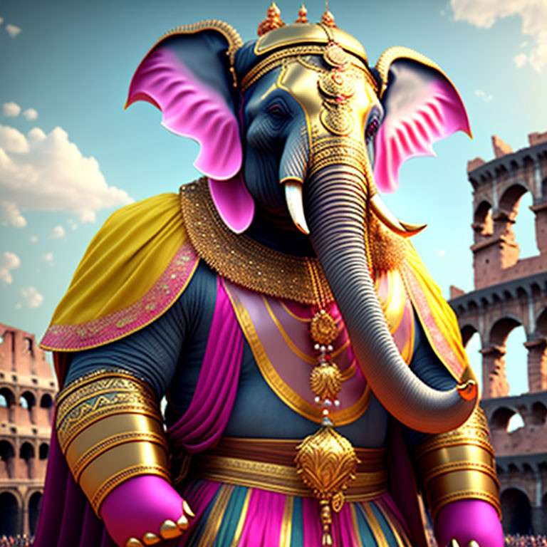 Majestic elephant with blue sky and Roman architecture.