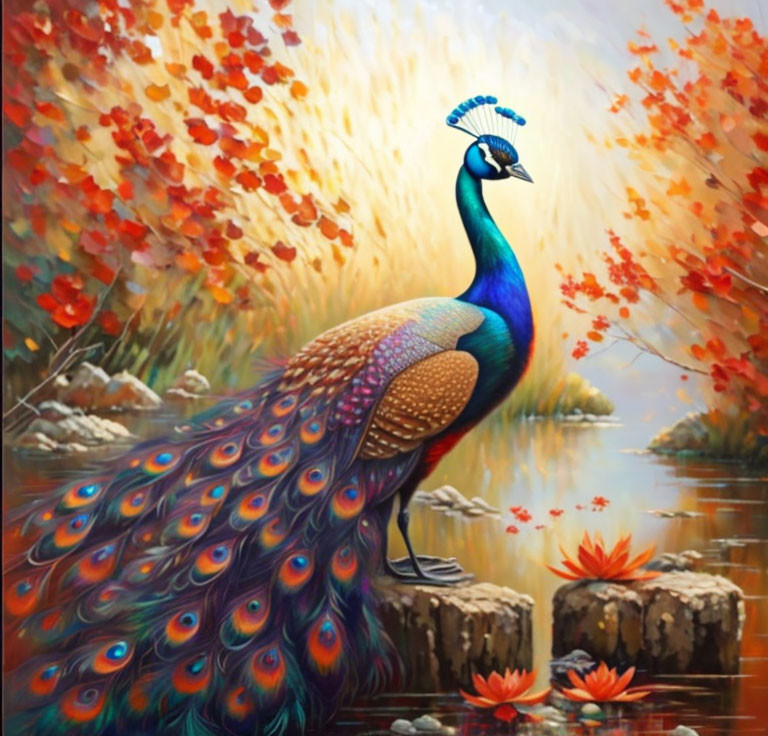 Colorful peacock with iridescent feathers near water and lotus flowers in autumn setting