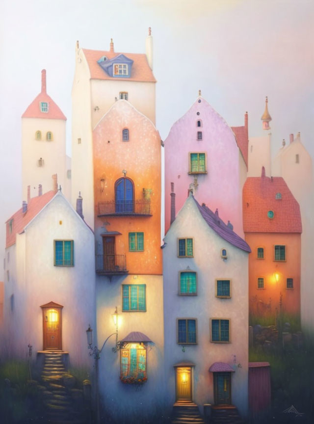 Colorful Whimsical Painting of Glowing Houses