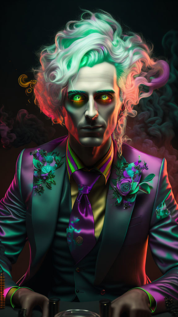 Portrait of a man with green hair, yellow eyes, colorful suit, and eerie expression