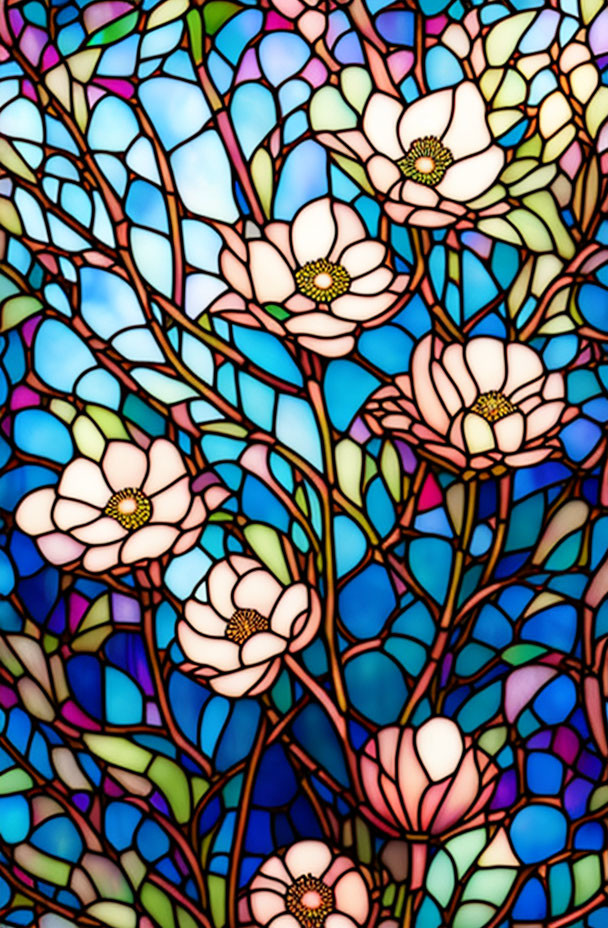 Colorful stained glass window with white flowers and brown branches on blue background