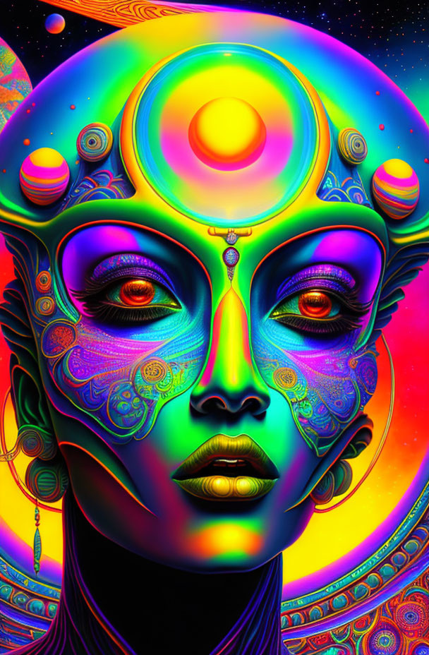 Colorful psychedelic human face with cosmic motifs in vibrant colors