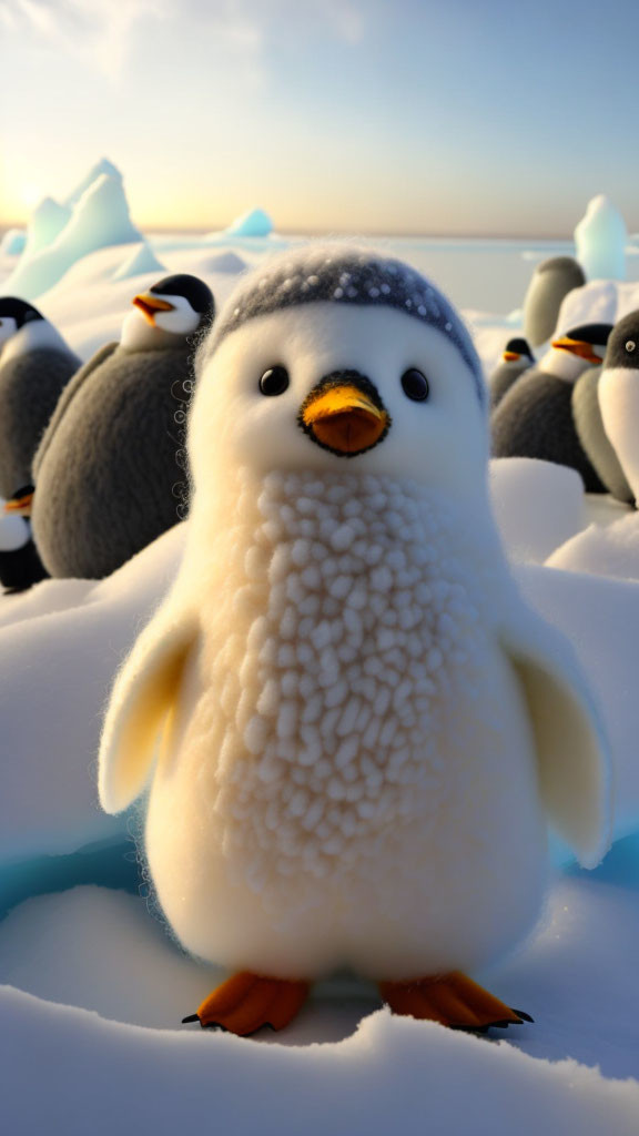 Fluffy white penguin surrounded by other penguins on ice