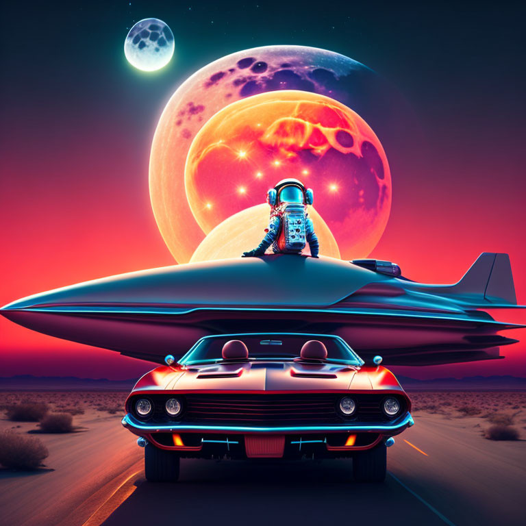 Astronaut on classic car under moon and planet in desert twilight