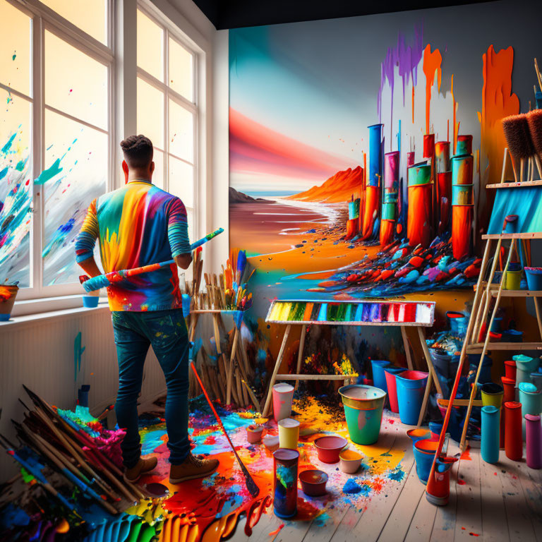 Colorful Shirt Artist Paints Surreal Landscape in Vibrant Studio