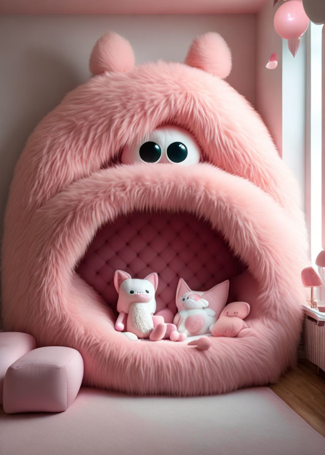 Large Pink Monster Chair with Cute Chairs and Heart Pillows in Pink Room