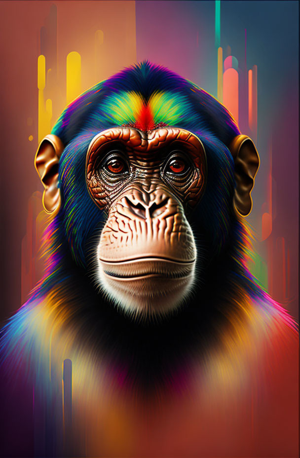 Colorful Chimpanzee Digital Art on Neon Background