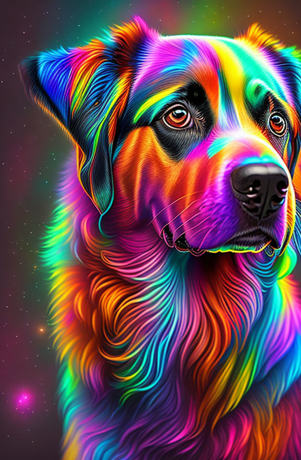 Colorful Dog Portrait with Cosmic Background and Expressive Eyes