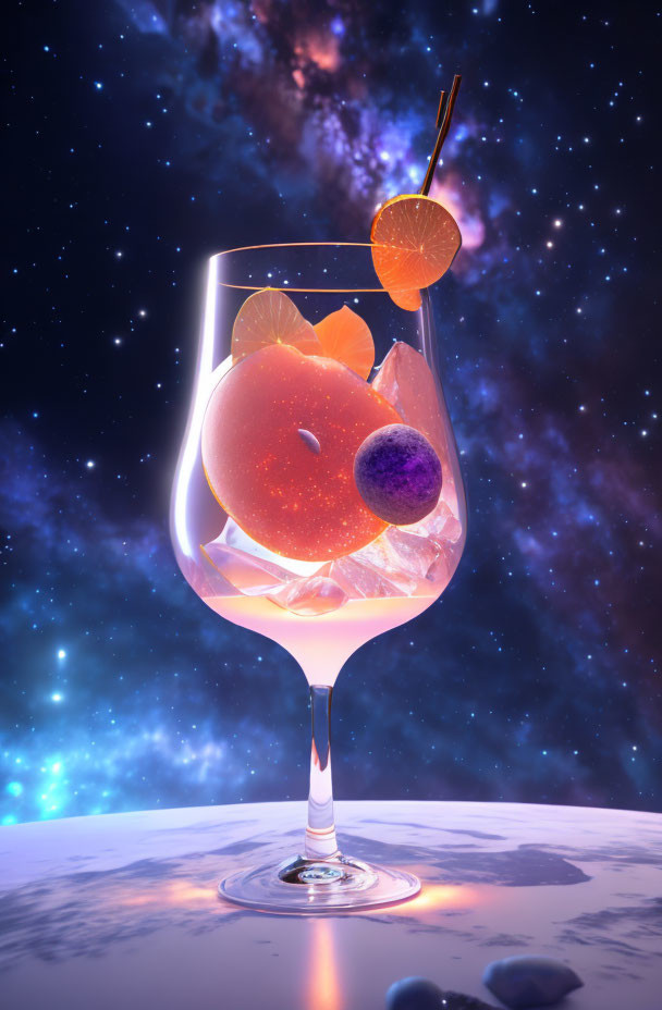 Digital artwork: Wine glass with ice, celestial fruit in space