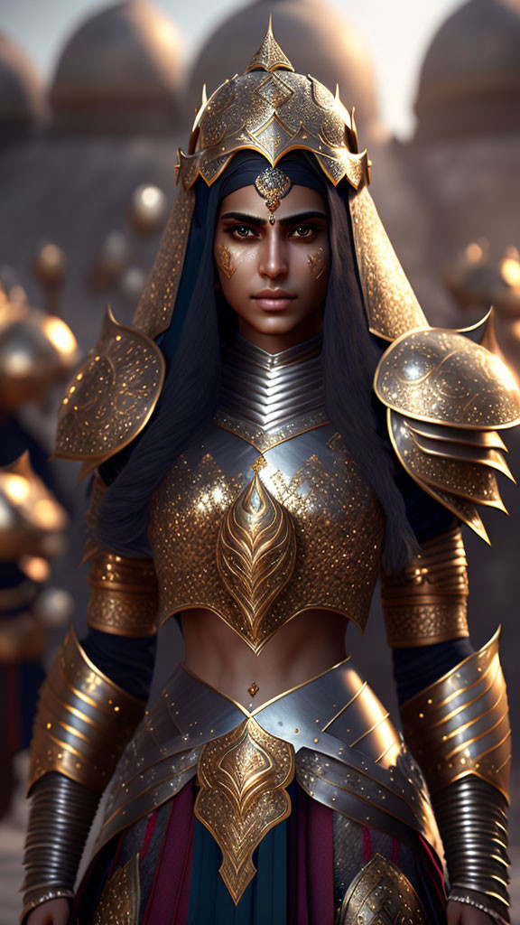 Warrior woman in golden armor with star-adorned helmet on blurred army background