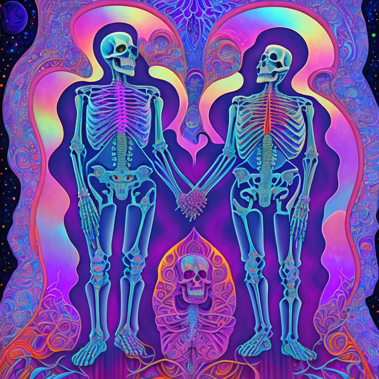 Neon-colored skeletons holding hands on psychedelic background