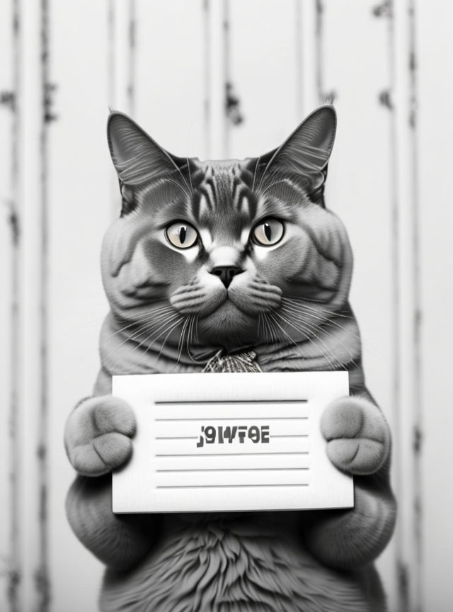 Monochromatic cat with mugshot placard on striped backdrop