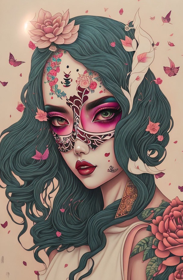 Illustrated portrait of woman with green hair, green eyes, floral face tattoos, and pink masquer