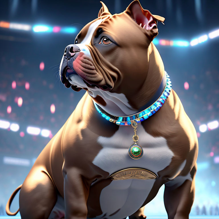 Muscular brown dog with blue collar in digital illustration.