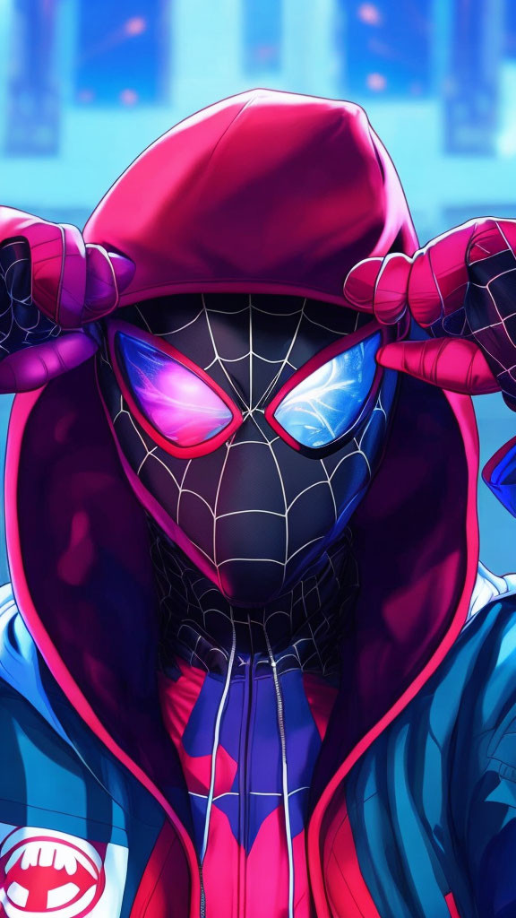 Stylized Spider-Man Character Adjusting Hood on Neon Background