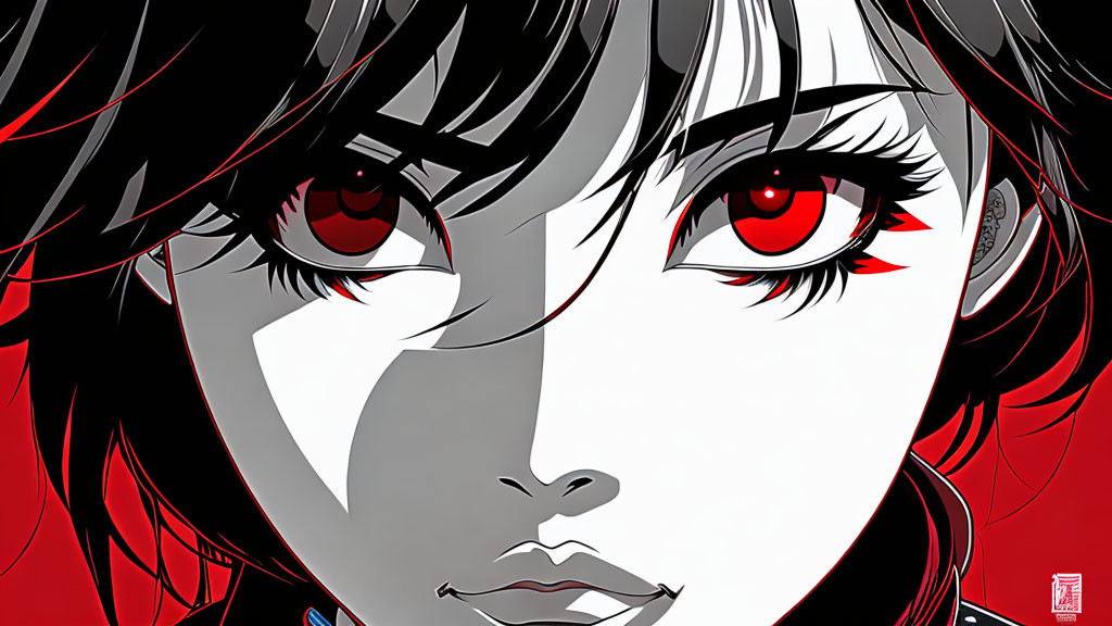 Stylized female face with red eyes and high-contrast coloring