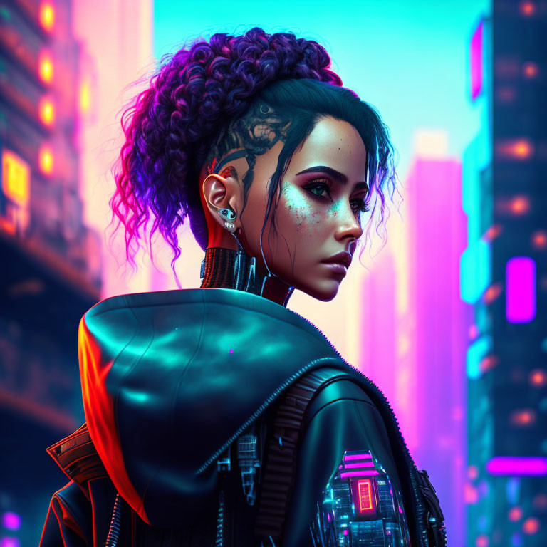 Cyberpunk-style portrait of a woman with tattoos and cybernetic enhancements