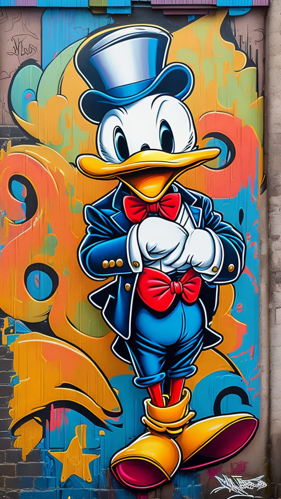 Colorful Cartoon Duck Street Art Featuring Blue Suit and Top Hat