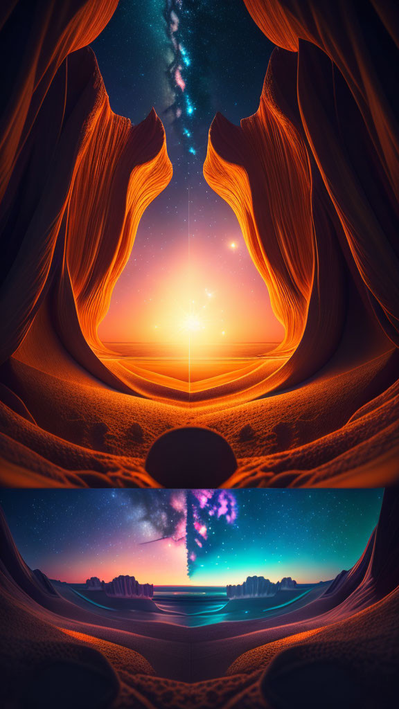 Symmetrical surreal landscape with wavy orange cliffs under starry sky