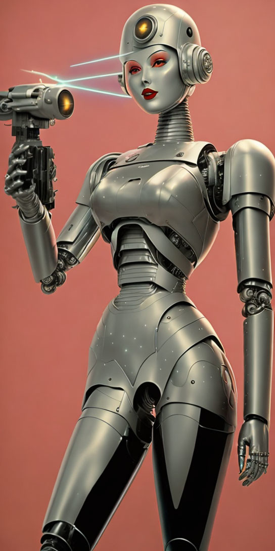 Female humanoid robot with silver body and gun hands on pink background