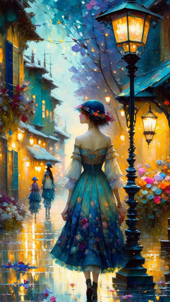 Woman in floral wreath and blue dress strolls lantern-lit street