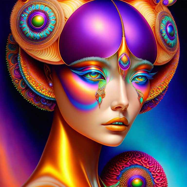 Colorful surreal portrait of woman with peacock feather patterns and purple headpiece