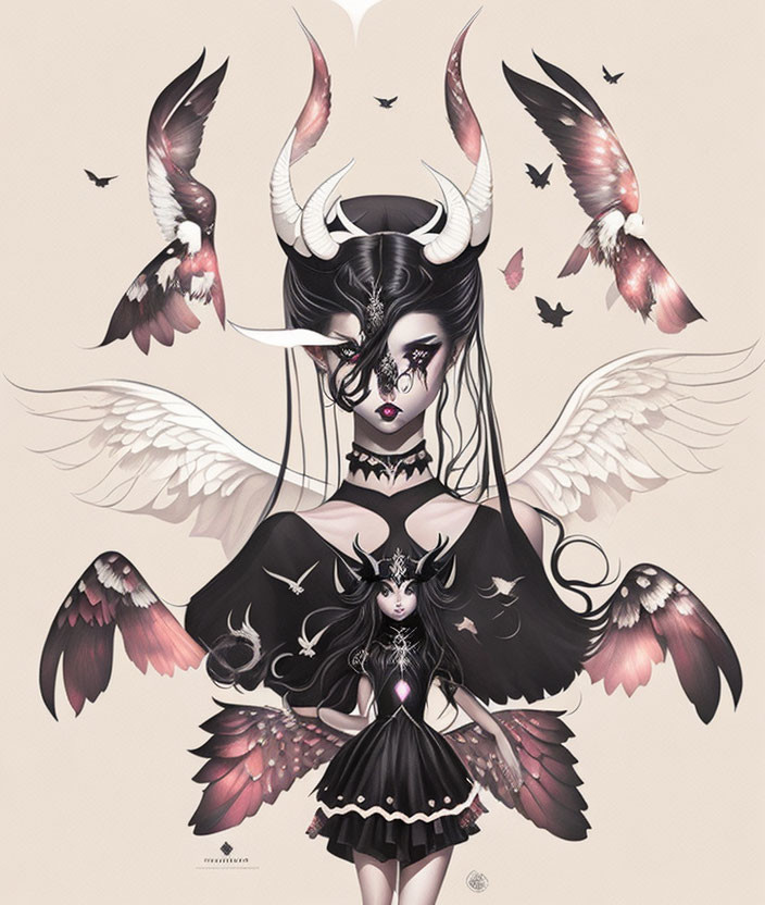 Stylized female figure with horns and wings among birds in monochrome with pink accents