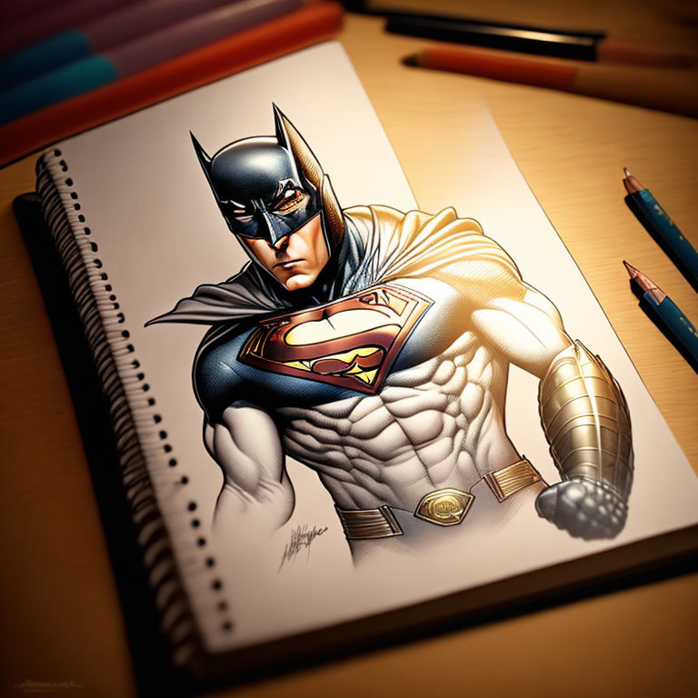 Character blending Batman and Superman features illustrated on sketch pad with colored pencils.