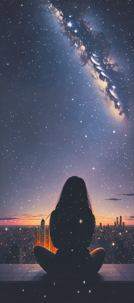 Person sitting cross-legged overlooking city skyline at night with starry sky and galaxy