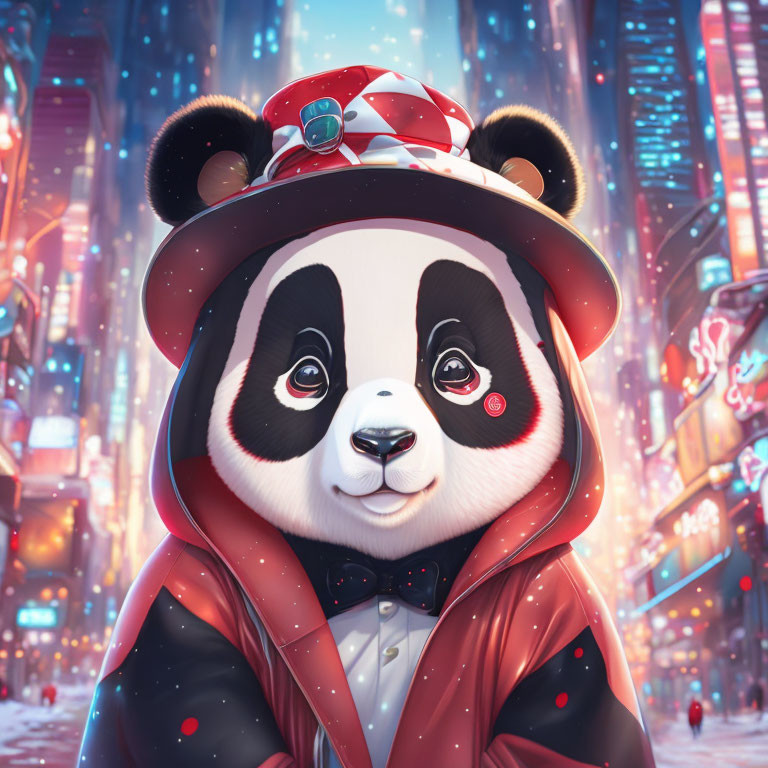 Stylish panda in hat and jacket with neon city backdrop