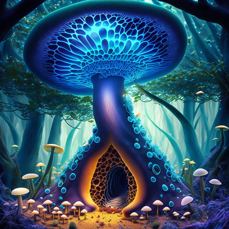 Vibrant digital art of glowing blue mushroom in mystical forest