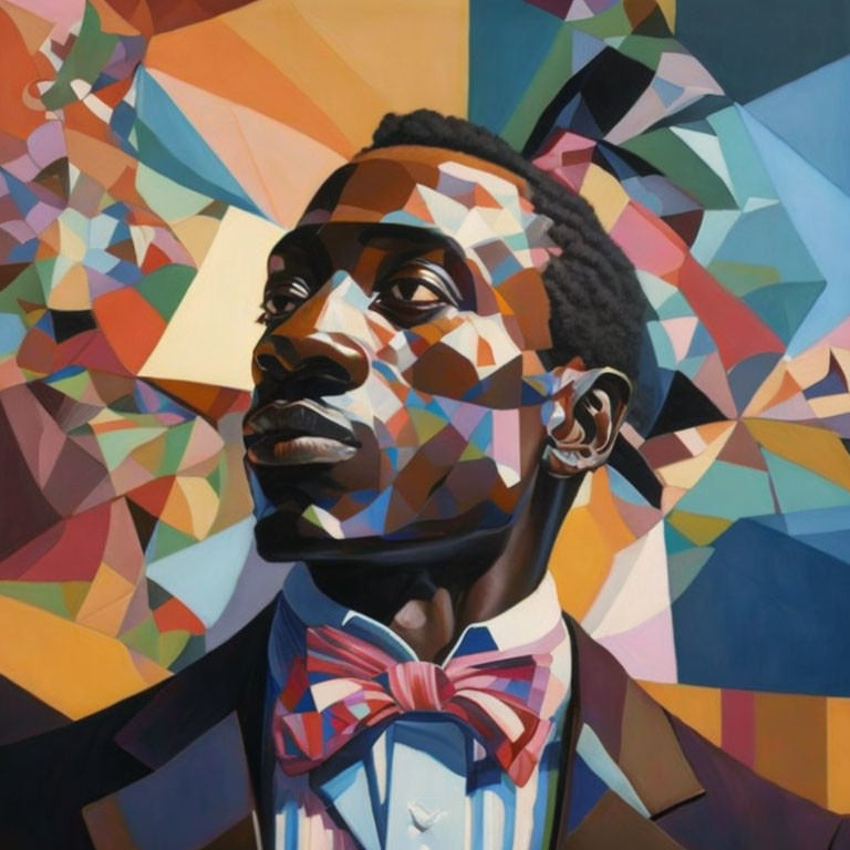 Man in Tuxedo Against Vibrant Cubist Background