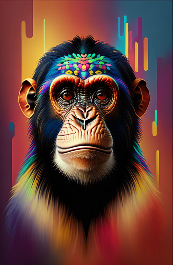 Vibrant chimpanzee digital artwork with colorful face paint