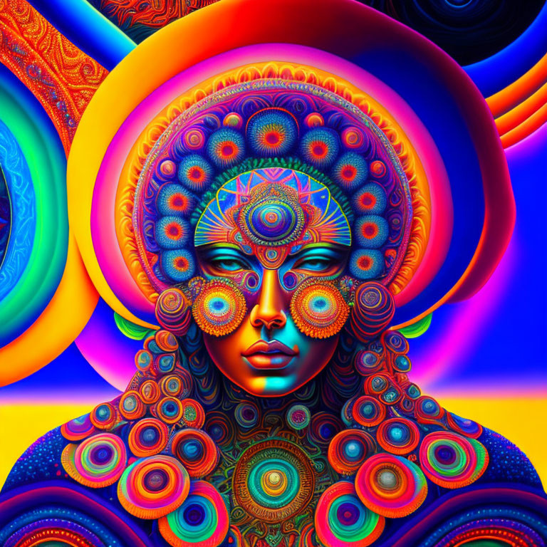 Symmetrical portrait of a woman with psychedelic patterns and vivid colors