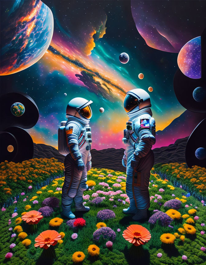 Astronauts on vibrant floral landscape with planets and stars