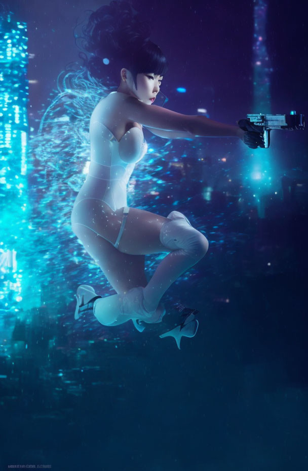 Futuristic female character in white bodysuit with dolphins in underwater cityscape