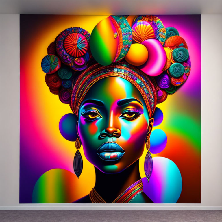 Vibrant portrait of a woman with psychedelic colors and African accessories