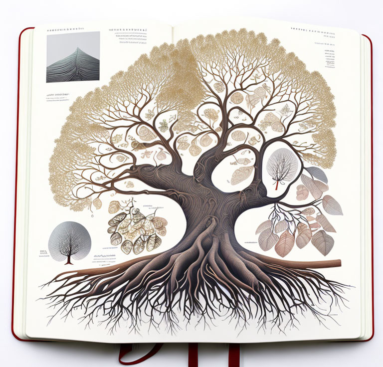 Detailed illustration of a tree with annotations and charts