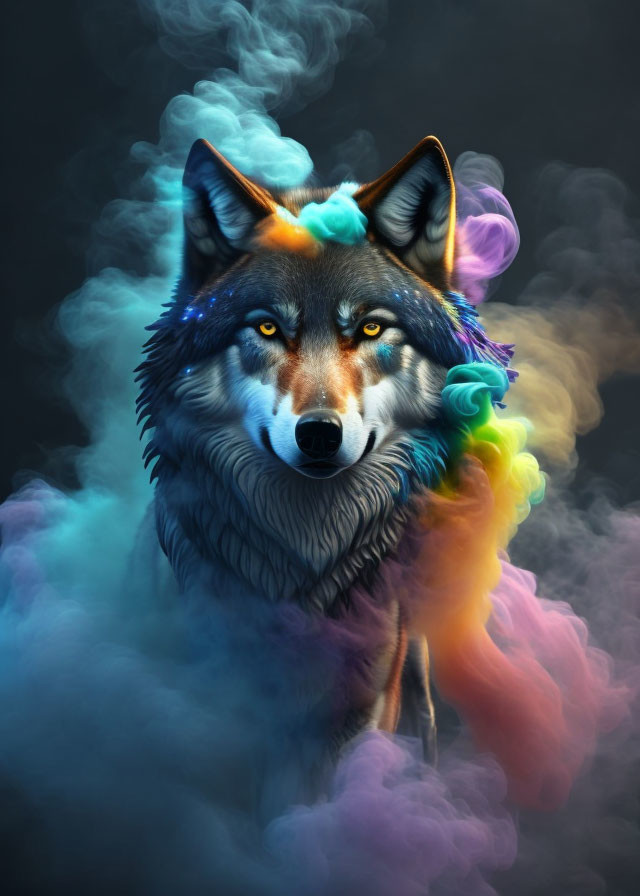 Colorful Wolf Surrounded by Rainbow Smoke on Dark Background