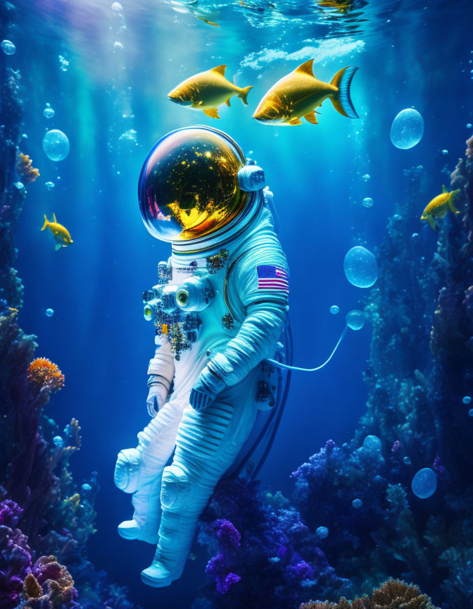 Astronaut in white suit underwater surrounded by coral and fish