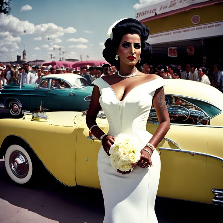 Vintage bride in white dress with bouquet and classic cars in mid-20th-century setting