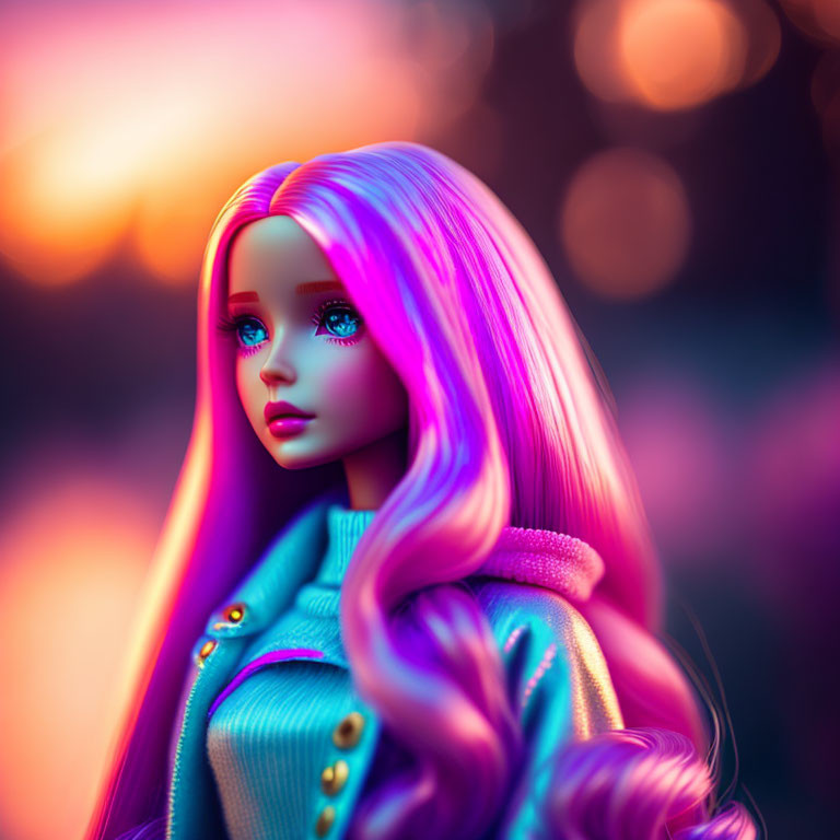 Vibrant doll with purple hair and teal jacket on sunset backdrop