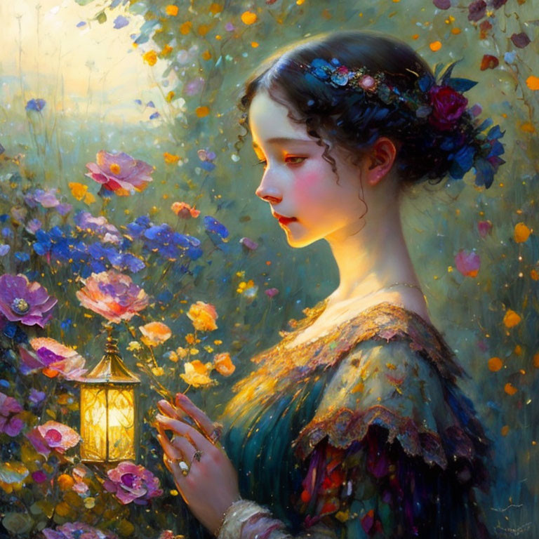 Woman in teal dress with floral headband holding lantern in luminous flower backdrop