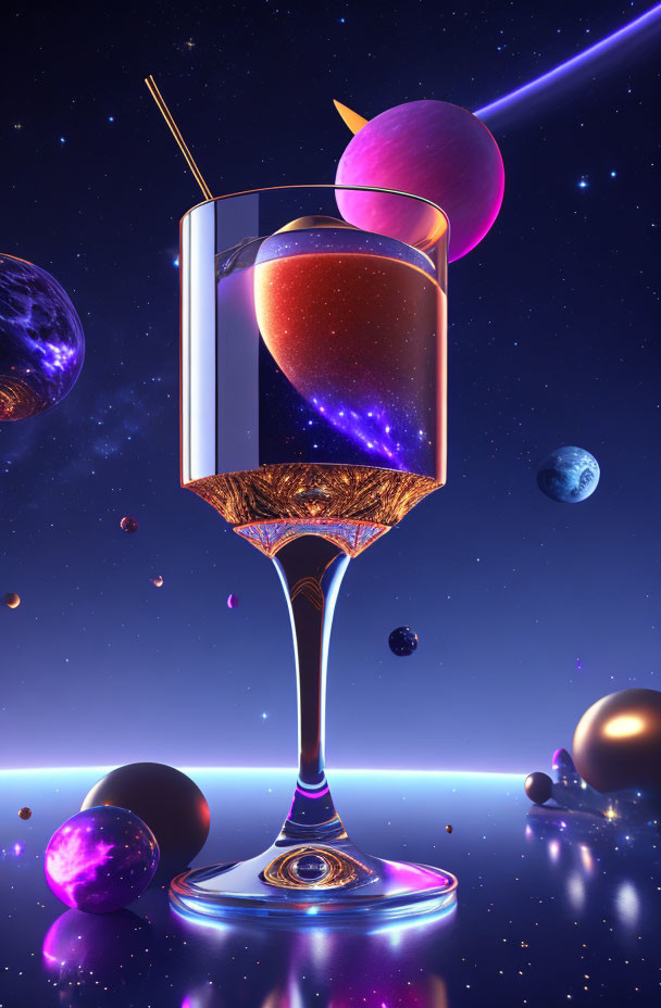 Cosmic-themed digital art: wine glass, space background, planets, and straw