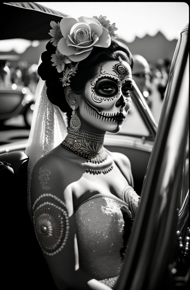 Elaborate Skull Makeup and Floral Headpiece Portrait by Classic Car